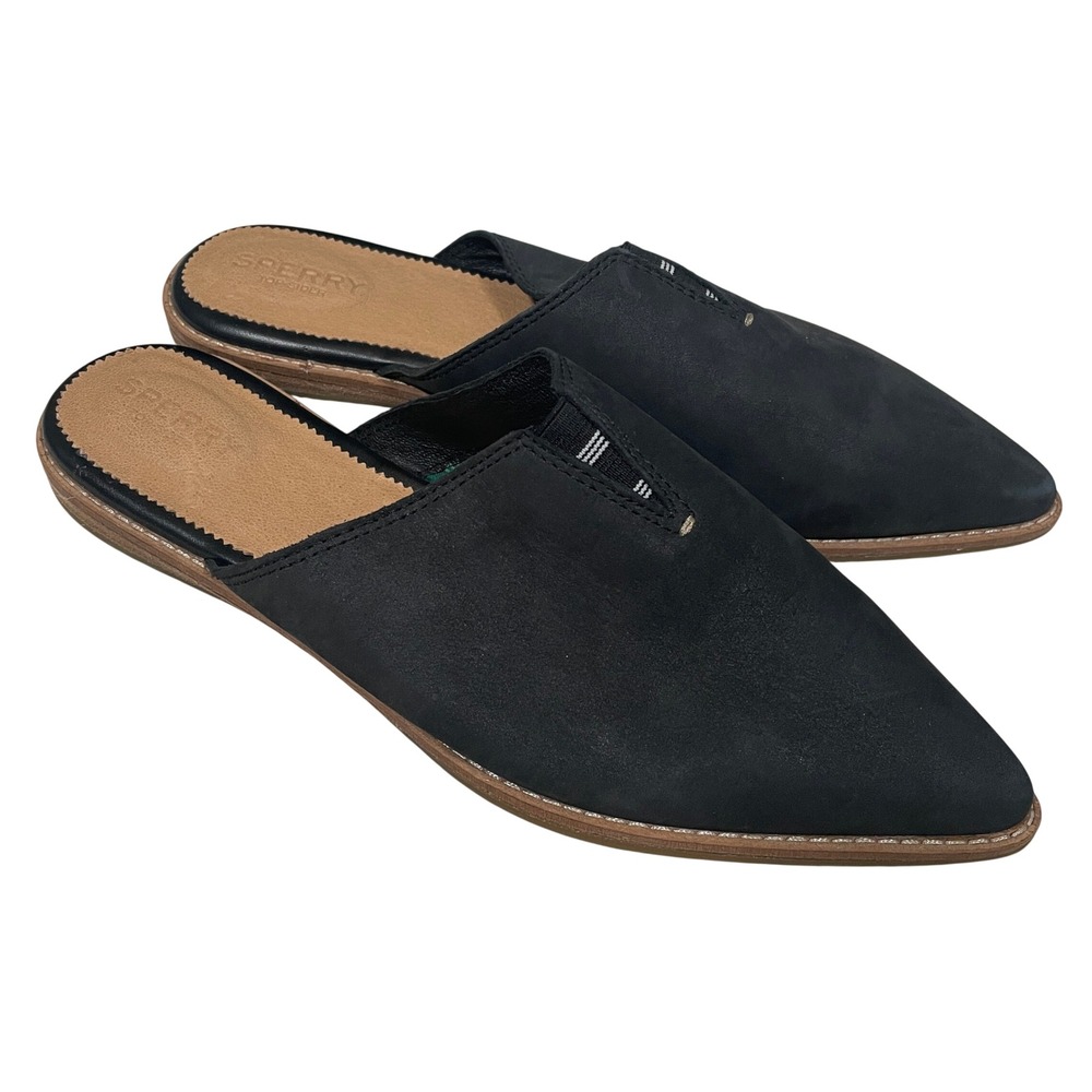 Sperry Seaport Pointed Toe Mules Black‎ Nubuck Leather Slip-On Flats Womens 9